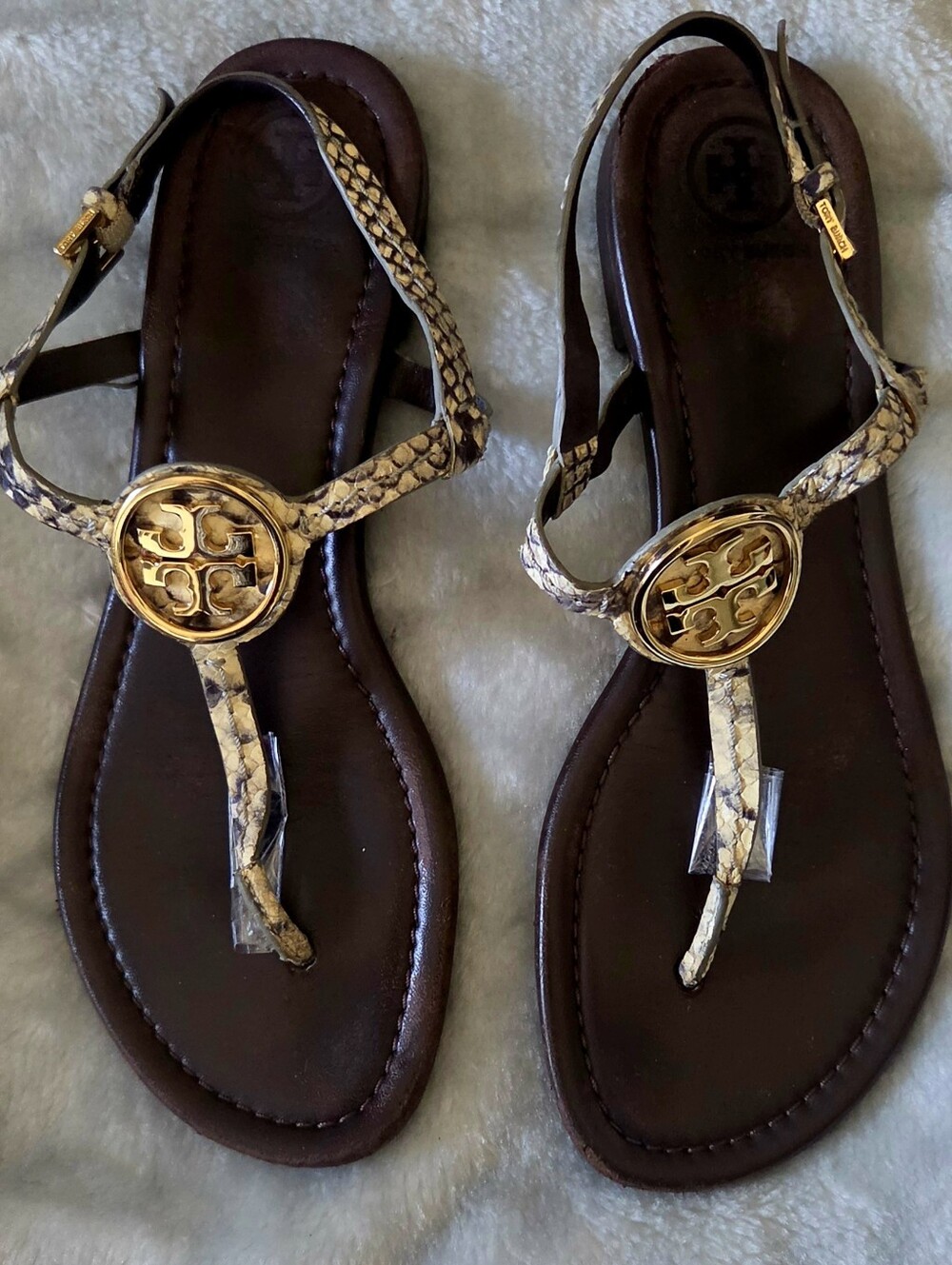 Tory Burch Metallic Gold Logo Thong Sandals with Brown Footbed